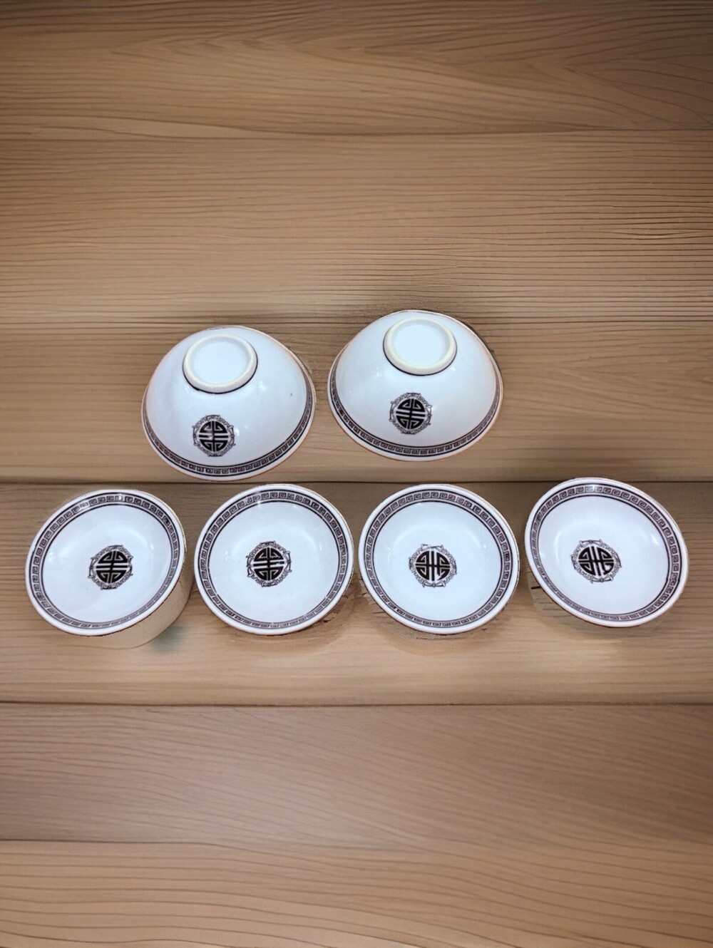 Vintage Collectible Asian Chinese Black&White Greek Key Design 1970s Set of 6